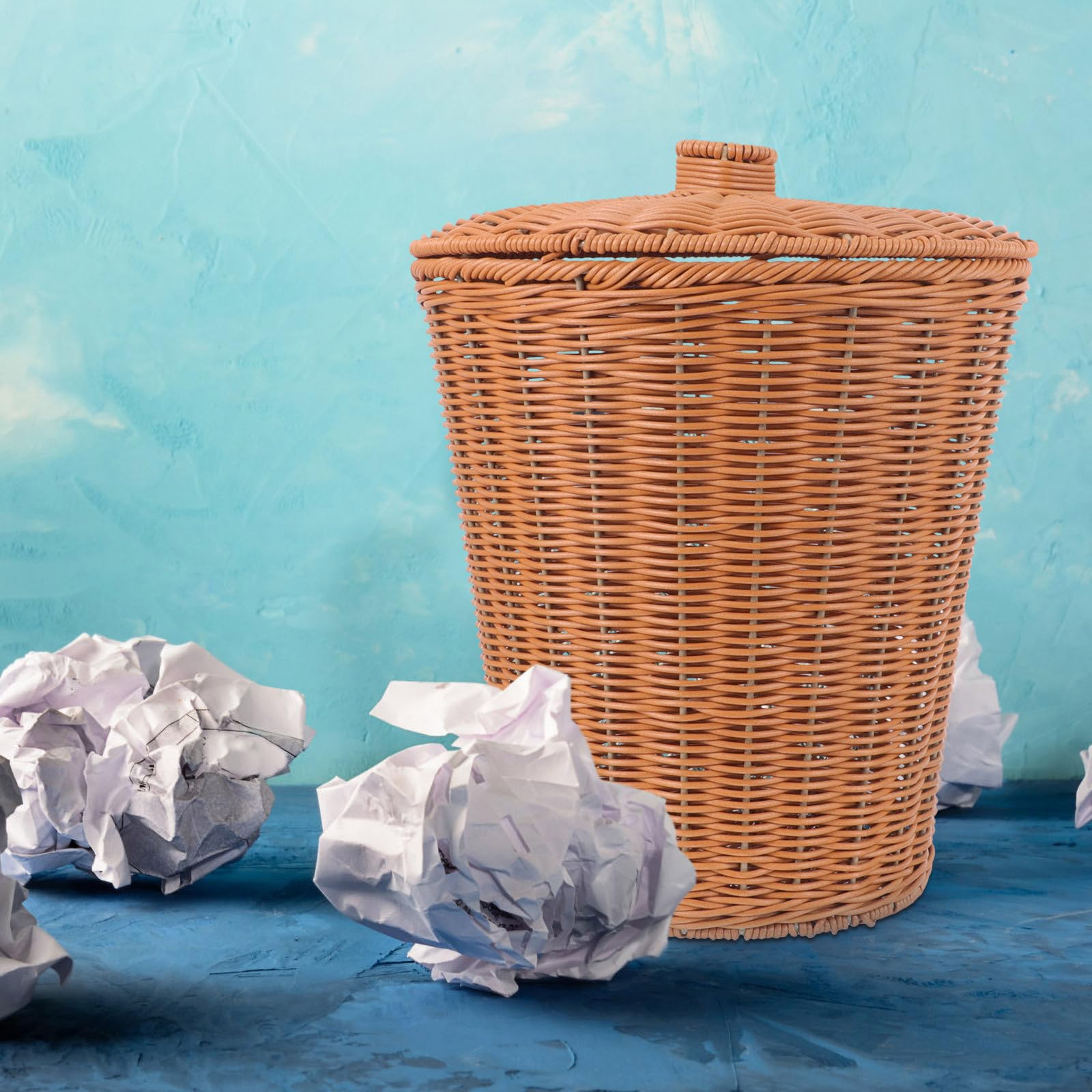 Cesto Rotondo Intrecciato in Plastico con Coperchio, Cestino Portaoggetti Multifunzionale Resistente alla Deformazione, per Decorazione e Lavanderia