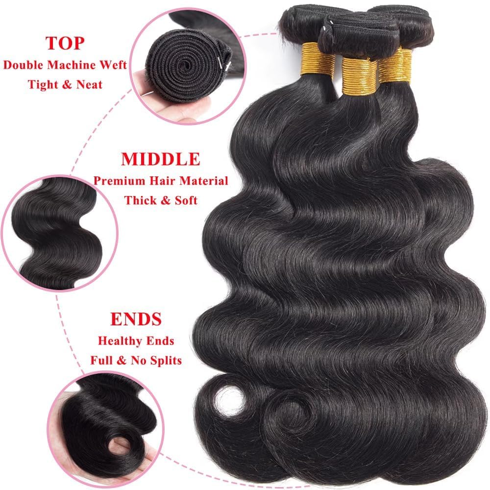 Tissage bresilien en lot cheveux humain Ondulé 14 16 18+12 pouces Body Wave Human Hair Bundles with Closure Cheveux Naturel Cheveux Humain Meche Bresilienne Couleur Noire Naturelle
