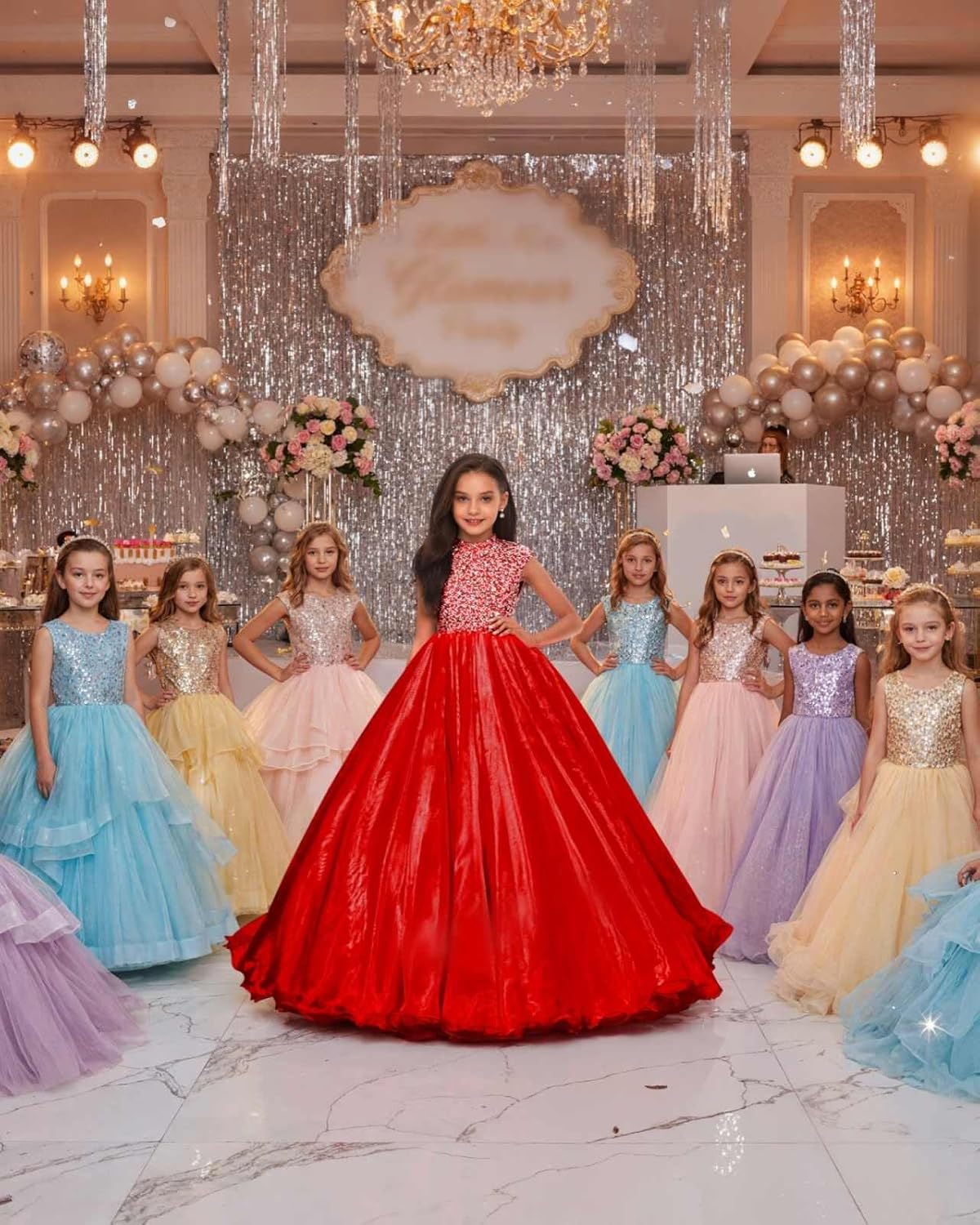 Sejnau Pageant Dresses for Girls Puffy Tulle Flower Girl Dress Rhinestones Beaded Birthday Party Ball Gowns for Wedding
