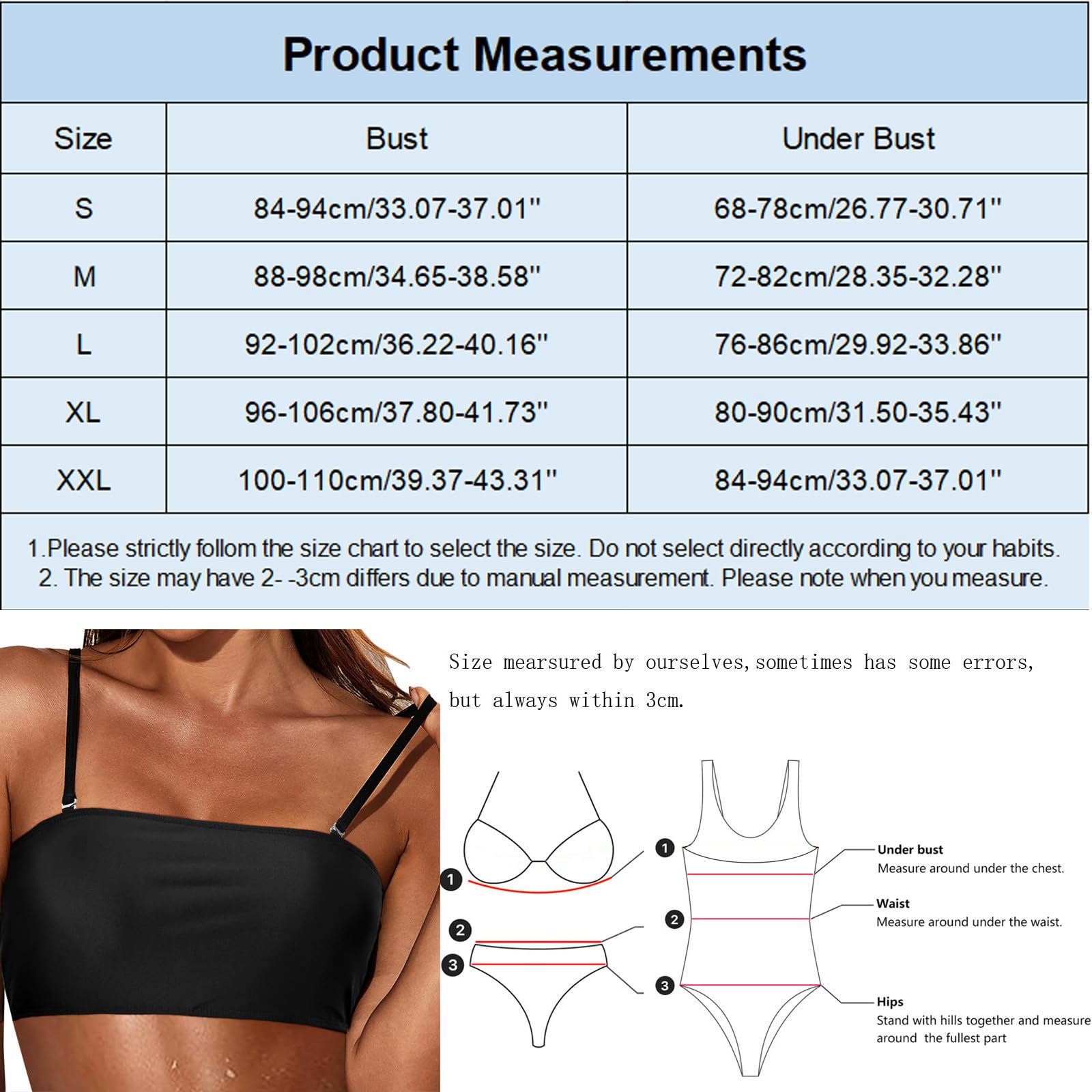 Bikini Top Bandeau | Spalline Removibili e Senza Spalline | Bandeau Reggiseni a Fascia Ladies | Bikini Top Nero | Costume da Bagno a Fascia da Donna Bikini Top