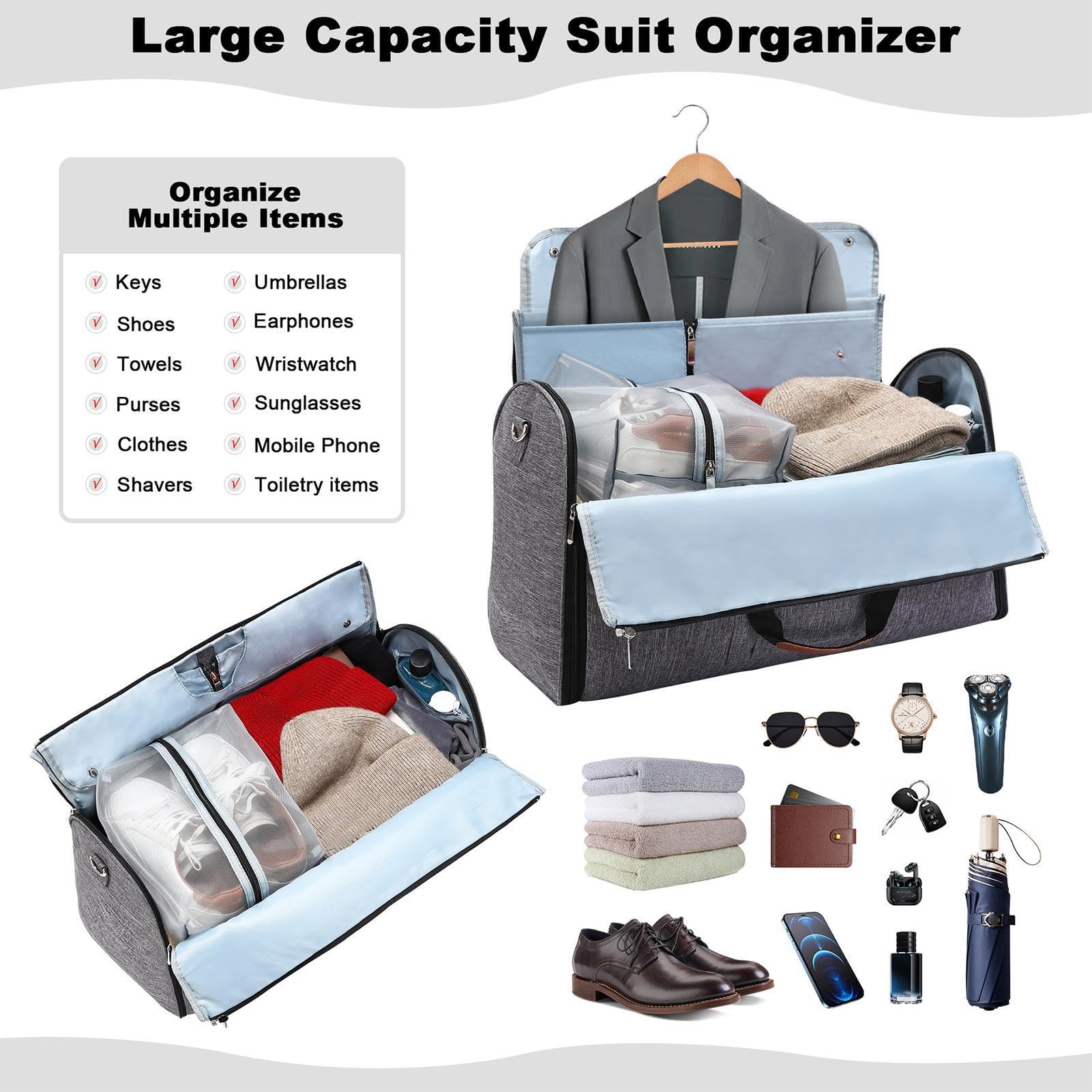 Borsone da viaggio per indumenti da portare con sé, multi-scomparto | borsa per il fine settimana 2 in 1, borsone con scomparti multipli per uomini e donne, grigio, Refer to, Unisex