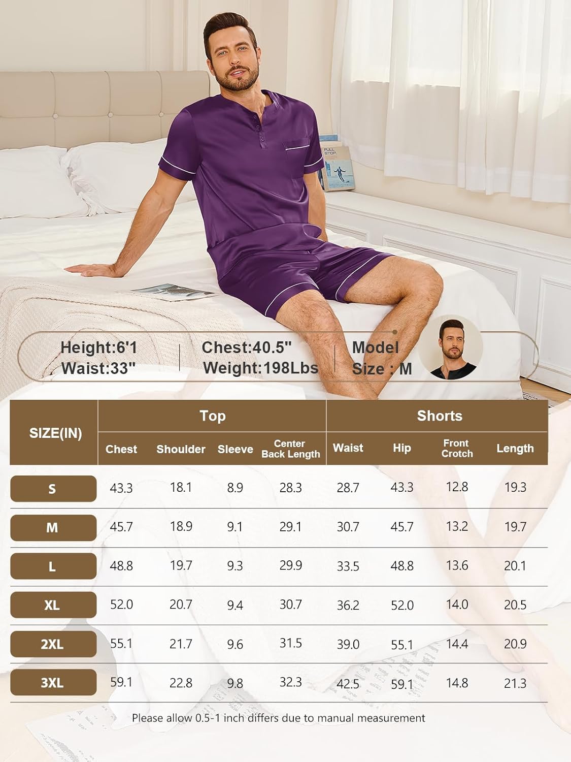 Vssjavun Mens Satin Silk Pajamas Sets Two Piece Short Sleeve Button Up Sleepwear Henley Neck Loungewear with Pocket - Image 5