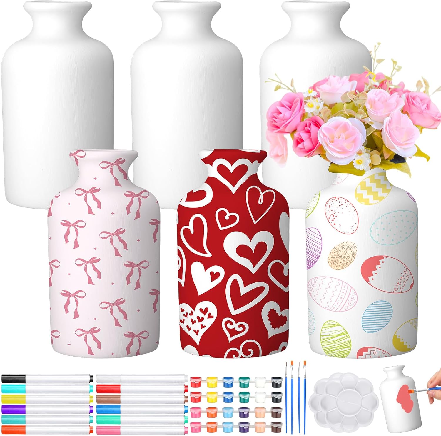 6 Set Mother's Day Ceramics to Paint DIY Your Own Ceramic Painting Kit for Crafts Vase to Paint Unpainted Plaster Paintable Kit Mother Art DIY Craft Supply with Brush Palette for Adult(Bright)