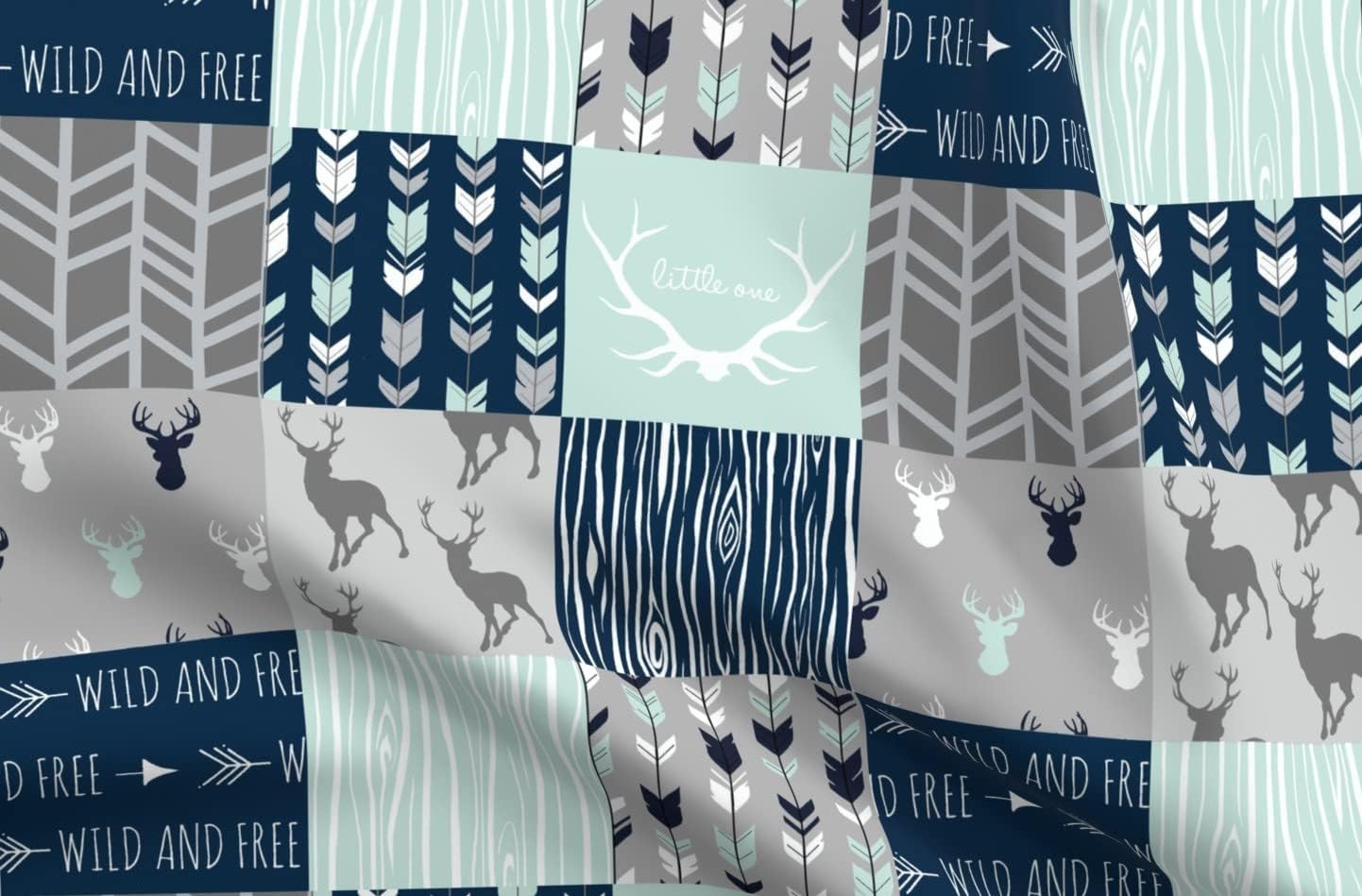 Spoonflower Fabric - Elk Stag Cheater Quilt Wholecloth Topper Patchwork Squares Blue Gray Printed on Petal Signature Cotton Fabric by The Yard - Sewing Quilting Apparel Crafts Decor