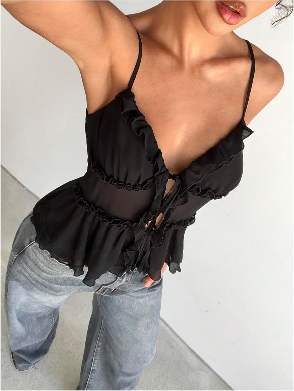 SHENHE Women's Summer Bow Tie Front Camisole Frilly Layered Ruffle Hem Y2k Tank Top Cami - Image 3