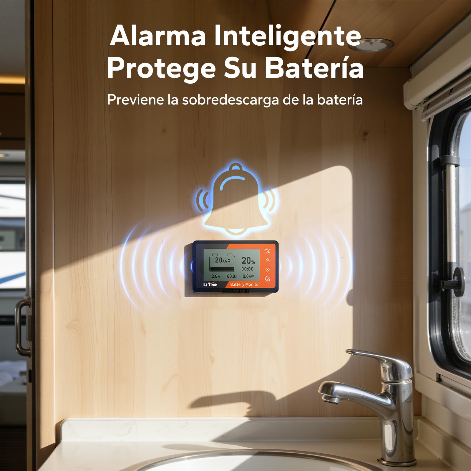 LiTime Monitor de Nivel de Batería con Shunt, 500A 8V-120V Monitor de Nivel de Batería con Pantalla LCD Retroiluminada, Alarma Buzzer para RV, Carro de Golf, Panel Solar