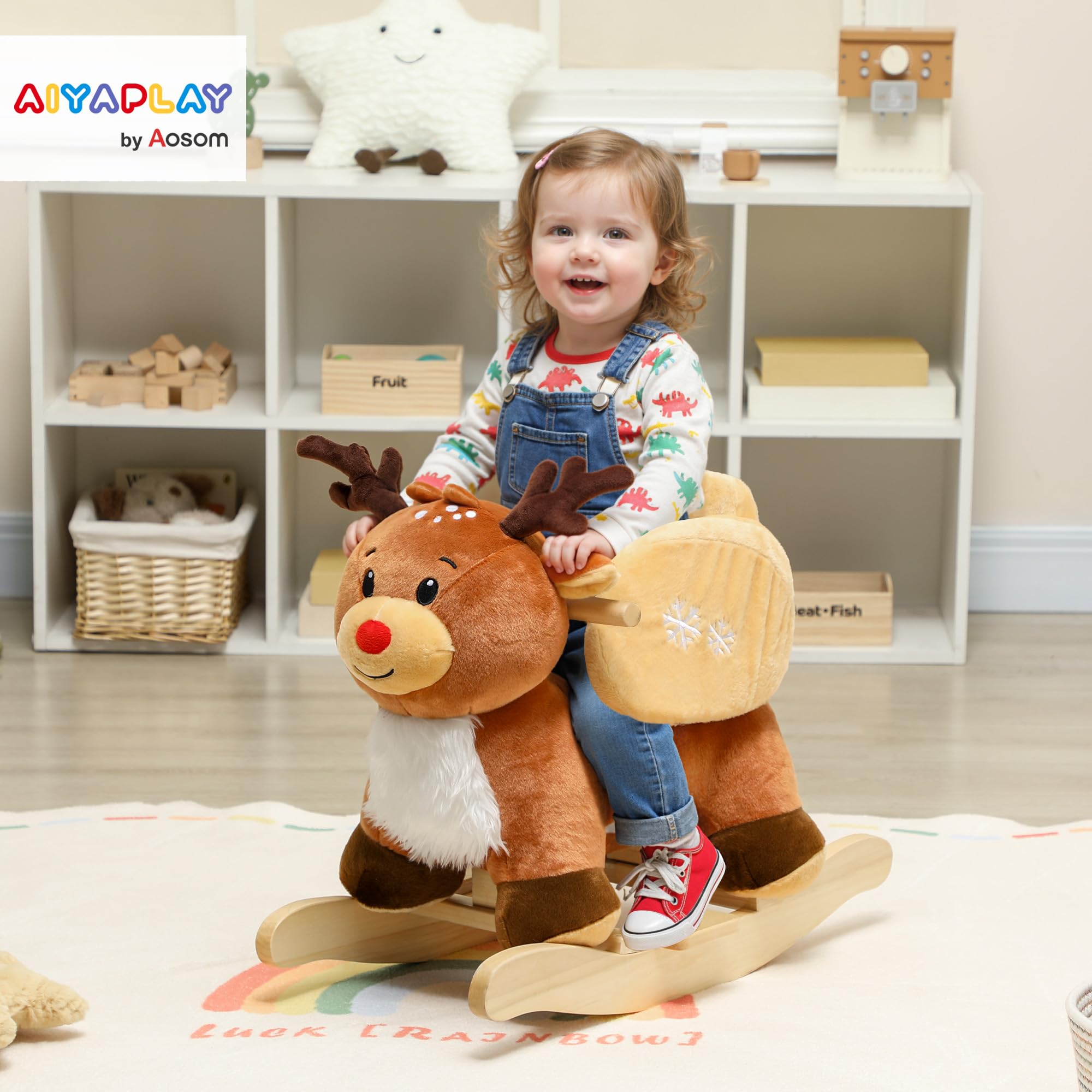 AIYAPLAY Kinder Schaukelpferd Rentier 18-36 Monate Braun 65 x 32 x 55 cm | Baby Schaukeltier, Mit Schlafliedern, Mit Sicherheitsgurt, Plüsch