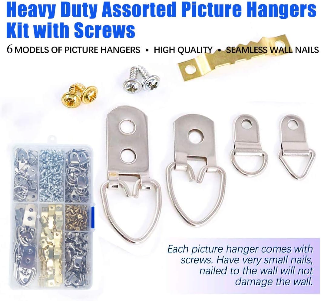 270 PCS Picture Hangers Sawtooth D-Ring Steel Heavy Duty Assorted Picture Hanging Kit with Screws, Picture Hanging Hardware for Paintings Photos Artwork & Home Décor
