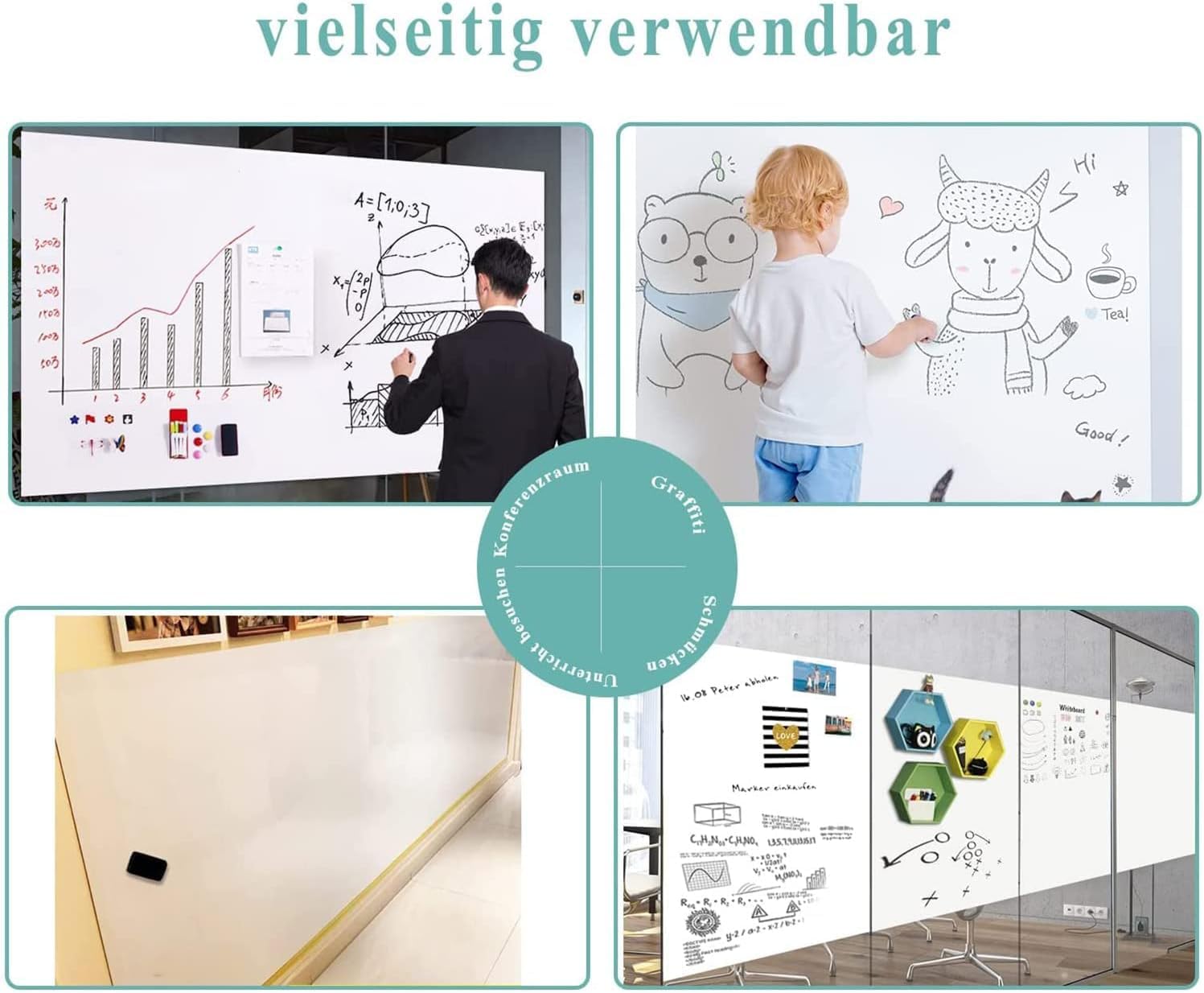 Magnetisches Whiteboard-Papier, 200 x 100 cm, DIY selbstklebende trocken abwischbare Tafelblätter, Whiteboardfolie zum Aufkleben an der Wand