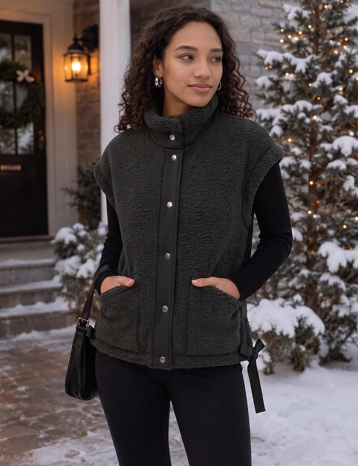AKEWEI Womens Fuzzy Fleece Jacket Casual Button Down Cap Sleeve Vest