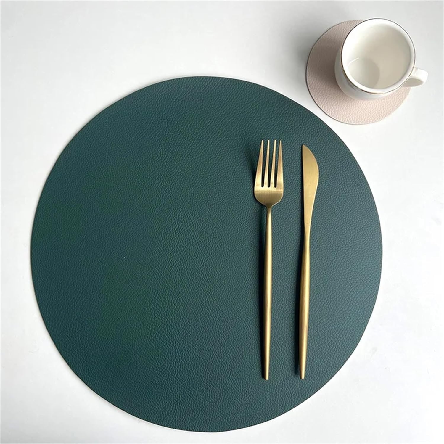 Pink Grey Round PU Leather Placemats & Coaster Set Oil-Proof Waterproof Insulation Mat for Kitchen Coffee Shop Decor(RDS Green Cream,10sets)