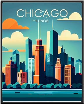 Chicago Poster Art Print, Illinois Retro City Mountain and Lake Landscape Artwork, Wall Art Poster Vintage Decor Landscape Picture For Bedroom Office Home Decor 11x14 inches Unframed, Chicago