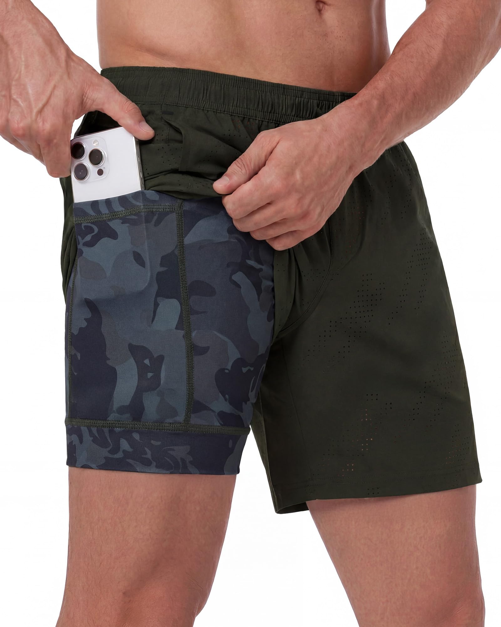 MaaMgic Pantalones cortos de correr 2 en 1 para hombre, con bolsillo para el móvil, de secado rápido, pantalones cortos para correr, fitness, entrenamiento, atléticos