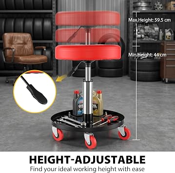 Mobile Workshop Stool, Rolling Mechanic Stool with Smooth Casters, 44-59.5cm Height Adjustable, 150KG Capacity Garage Seat Work Stool, Workshop Seat for Car Maintenance and Repair Roller Creeper Seat