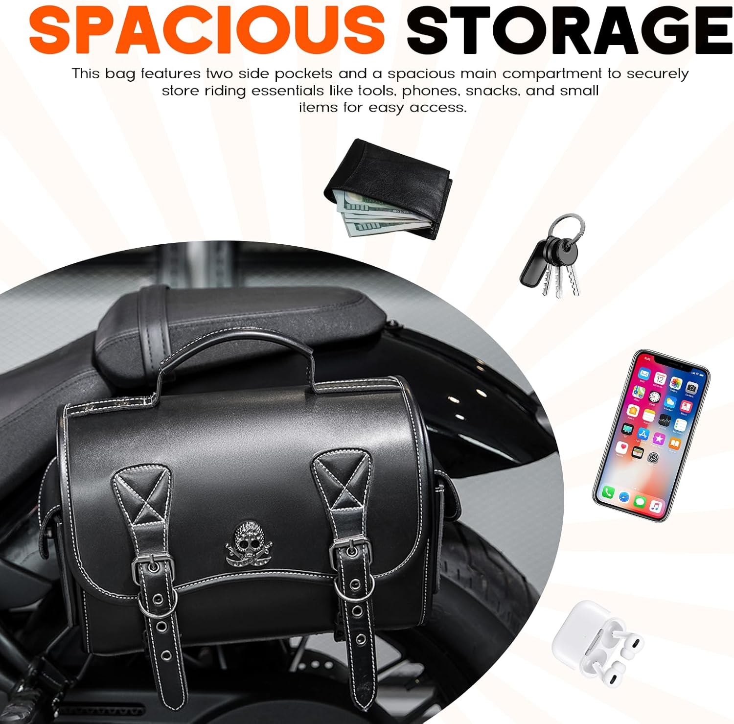 14.9L Motorcycle Fork Tool Bag With 2 Mounting Straps,PU Leather Roll Saddlebag For Front Fork, Handlebar & Sissy Bar Storage,Large Capacity Waterproof Fork Bag(Black, Metal Skull Pattern)