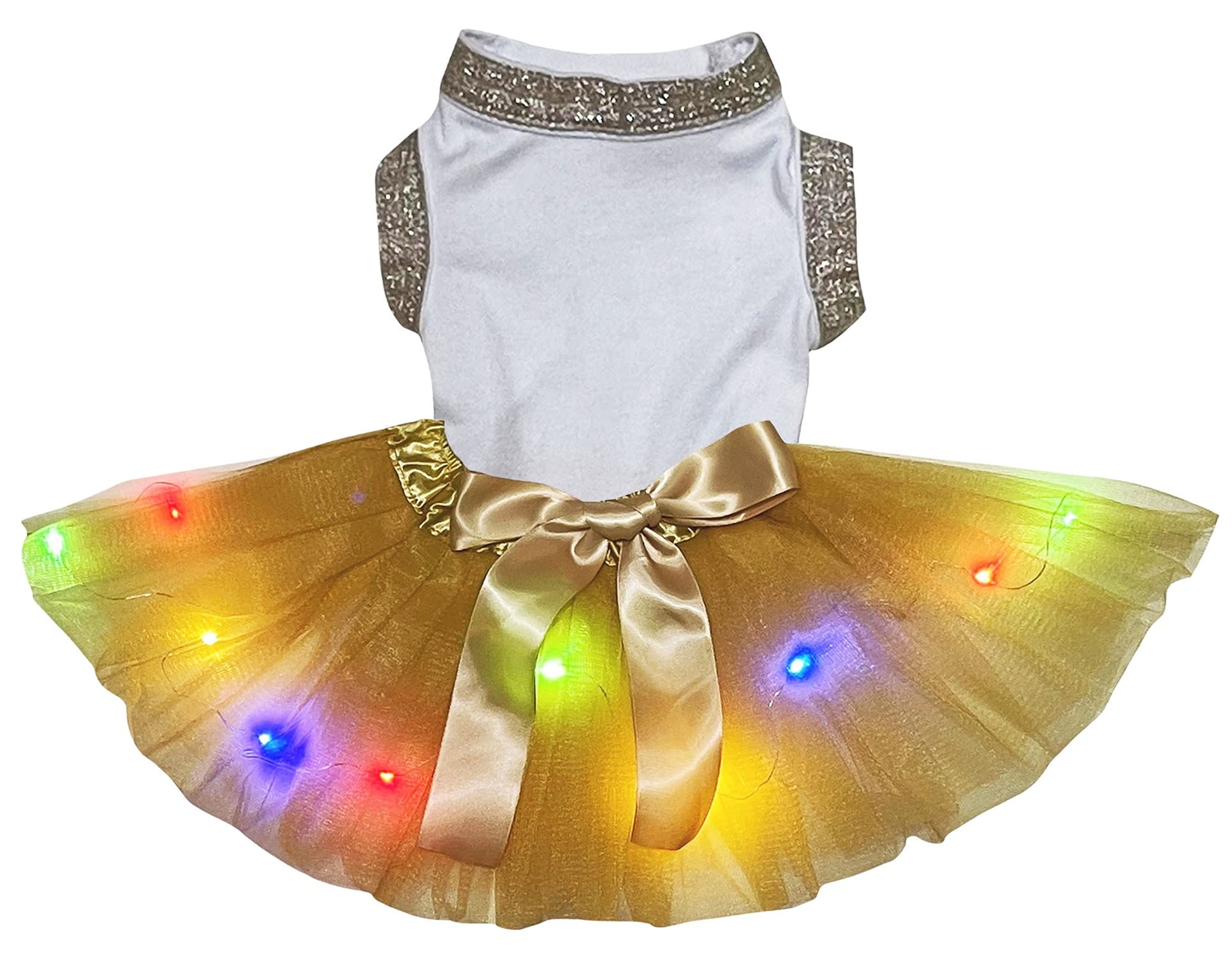 Petitebelle Plain Shirt LED Light Tutu Puppy Dog Dress (White/Gold, Small) โ image 1