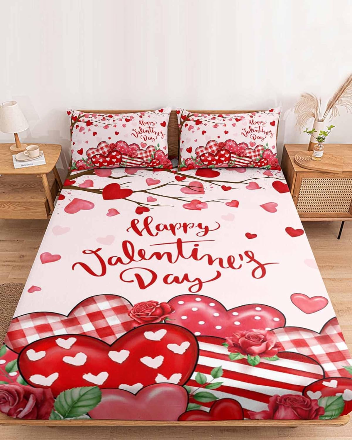 Happy Valentine's Day Fitted Sheet Set for California King Size Bed Love Tree Rose 3 Pieces Bedding Sheets-Deep Pocket Bedsheet Fits Mattress Upto 16",2 Pillow Cases Bedroom Decor Red Hearts on Pink