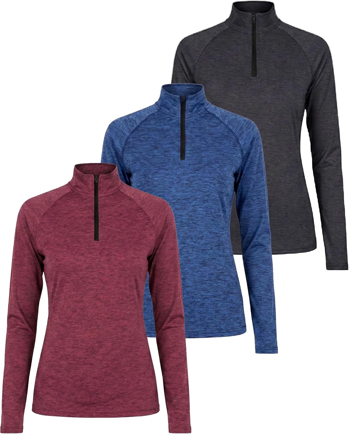 Real Essentials 3 Pack: Womens Dry-Fit Long Sleeve Quarter Zip & Full Zip Up Hoodie Workout Jacket (Available in Plus)