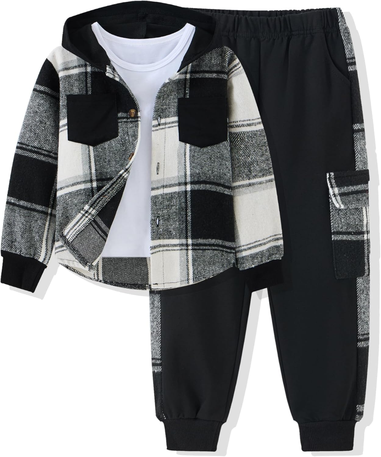 Boy Clothes Flannel Plaid Shirt Tops Pants Set Hoodie Sweatsuit+White T-shirt 3Pcs for Fall Winter Spring Outfits