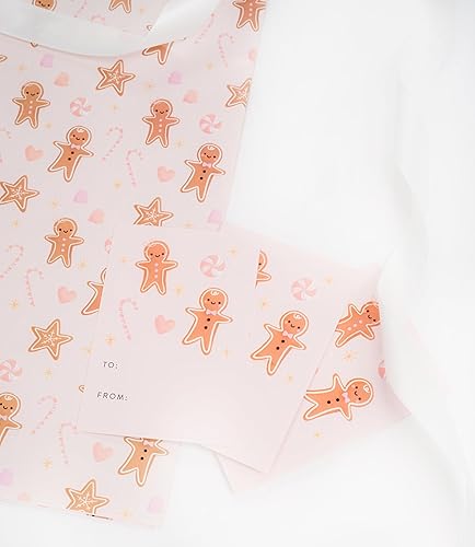 Miniatura 8 de Juego de papel de regalo de pan de jengibre con cinta y etiquetas de regalo, paquete de papel de regalo de Navidad rosa - con hojas de regalo de