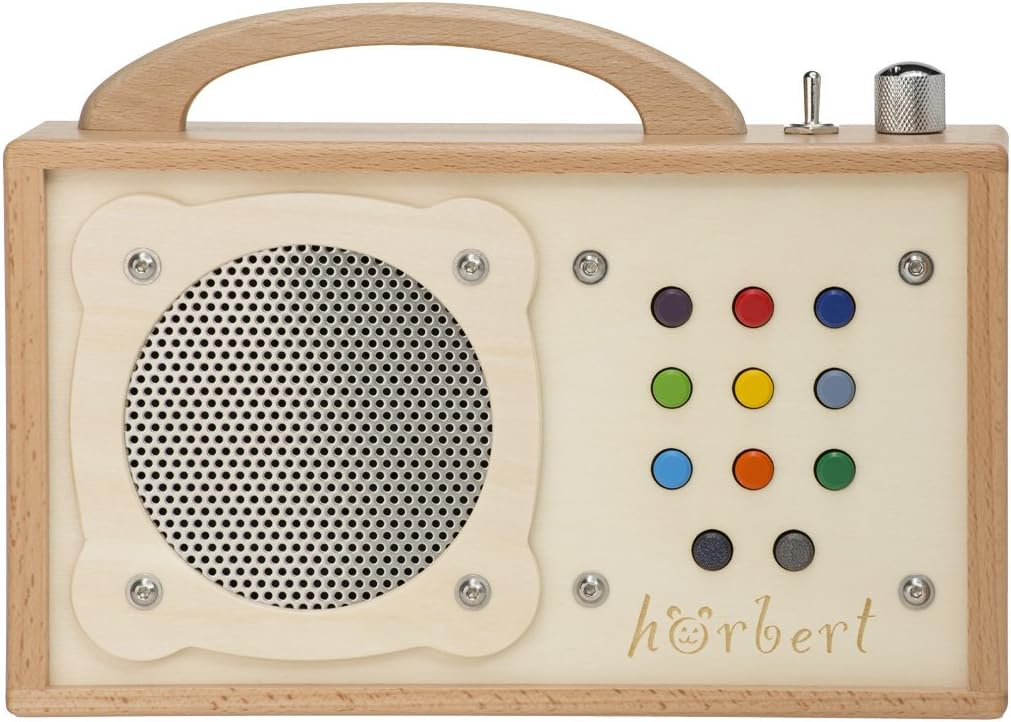 MP3 player for children: hörbert - made of wood and stainless steel. Portable with built-in speaker, volume limiter and SD card for 17h content on nine playlists. No headphones and no display.