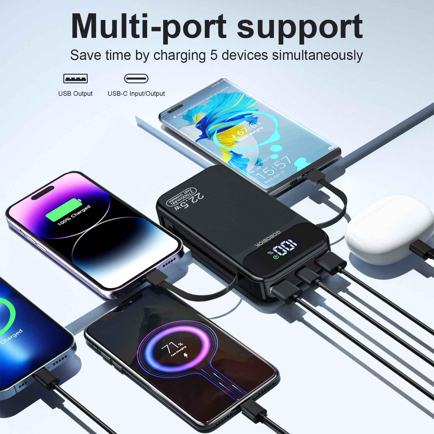 Power Bank 27000mAh Fast Charging Built-in 2 Cables, 22.5W Portable Charger, Portable USB C Power Bank Battery Pack with LCD Display Powerbank for Smartphones Tablets and More image 3 of 9 B0DK4PB96C