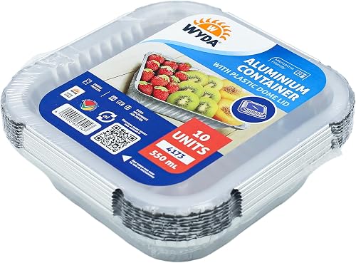 WYDA 4173PS | Aluminium Foil Containers with Plastic Lids | 550ML | Pack of 10 | Food-Safe Disposable Trays for Meal Prep, Takeaways, Baking, Storage & Catering