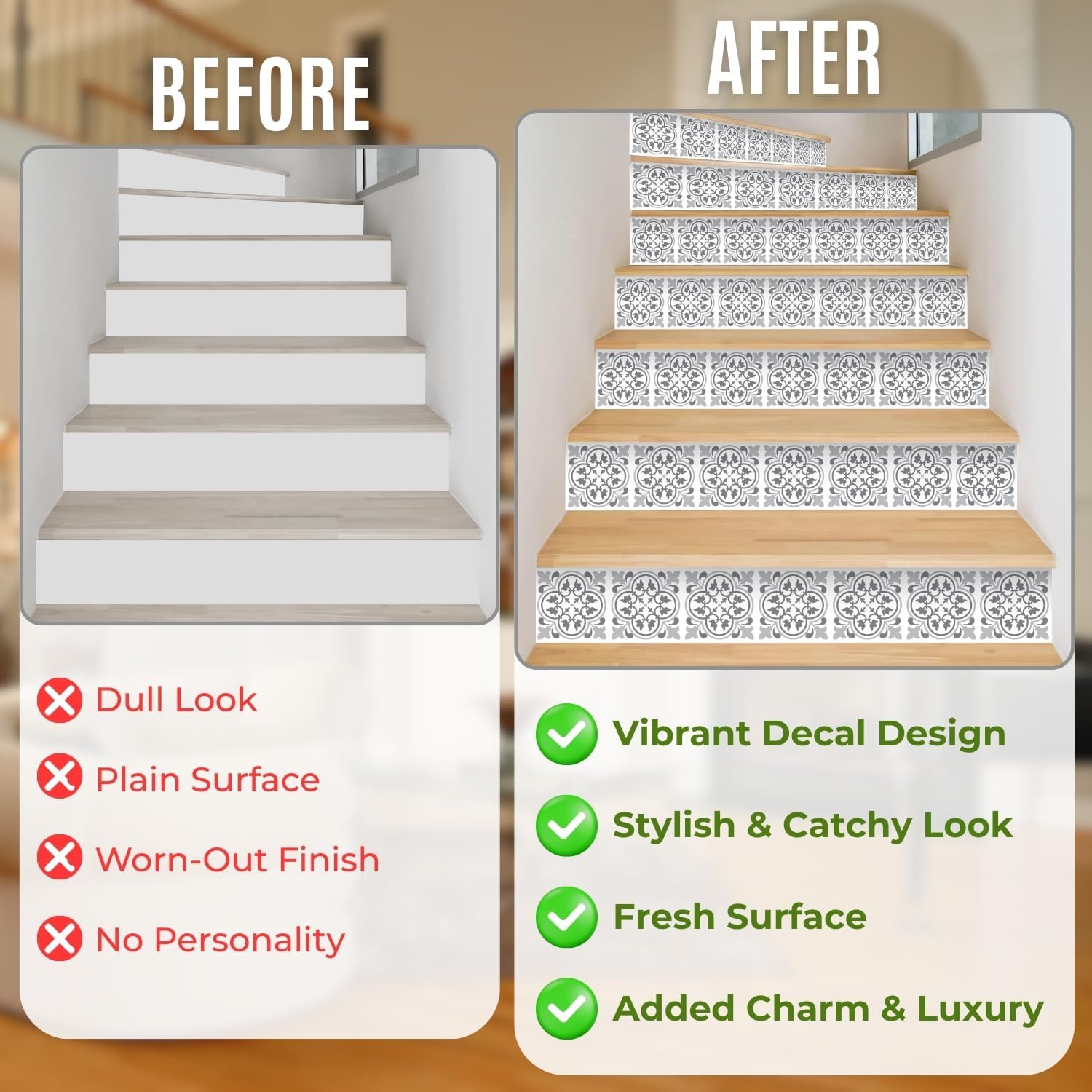 WALPLUS Peel and Stick Stair Riser Decals 15 Strips 39" x 7.1" Antique Pattern Tiles Stair Stickers Stair Decals Stair Risers Covers Wallpaper for Stairs Easy Installation Home Decor