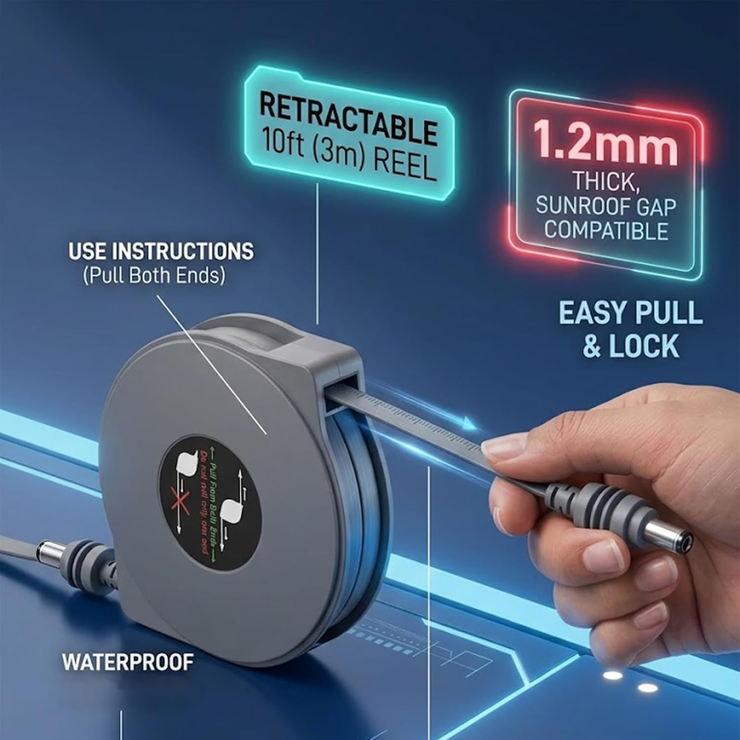Starlink Mini Retractable Flat Power Cable 10ft | Ultra-Thin 1.2mm DC to DC Barrel Cord for Car Sunroof, RV, Window Routing, Multi Lock Positions| Friendly to Car Sunroofs