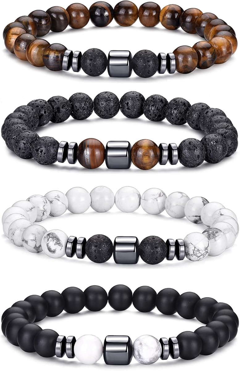 Conjunto de pulseras con cuentas para hombre, pulsera con cuentas de piedra Natural elástica de piedra de Lava de ojo de tigre de 8MM, pulsera para hombre