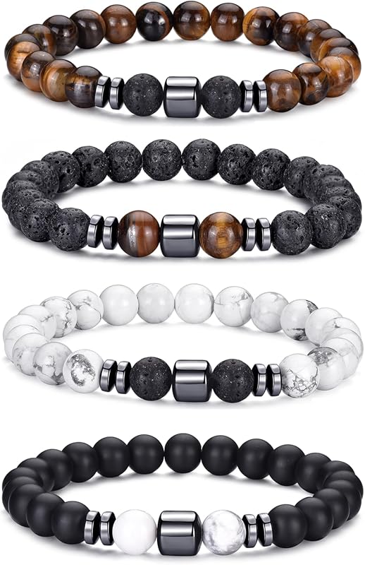 Conjunto de pulseras con cuentas para hombre, pulsera con cuentas de piedra Natural elástica de piedra de Lava de ojo de tigre de 8MM, pulsera para hombre