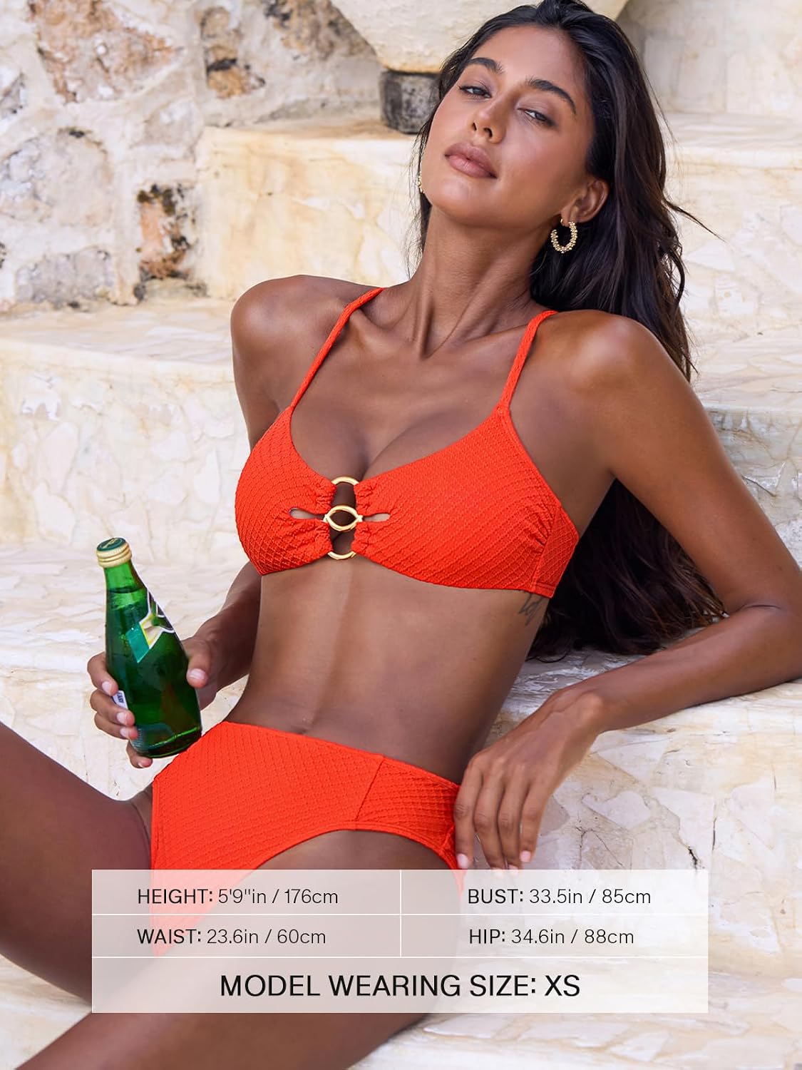 CUPSHE Women Bikini Set Swimsuit Cutout O Ring Crossback Tie Bathing Suit | Mid Rise, Textured Fabric, Scoop Neck, Mid Leg Cut, Moderate Coverage, Two Piece Swim Suit For Beach Vacations, Pool Days
