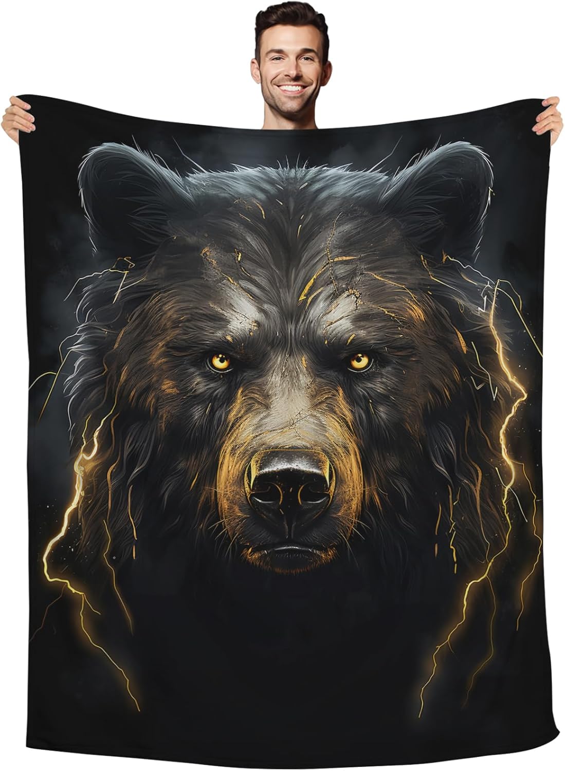 Huke Bear Gifts Blanket, Cool Black Gold Fire Lightning Bear Blanket, Bear Gifts for Adults/Kids/Students, Cool Animal Print Throw Blanket, Plush Bear Throw Blanket,60"X50"