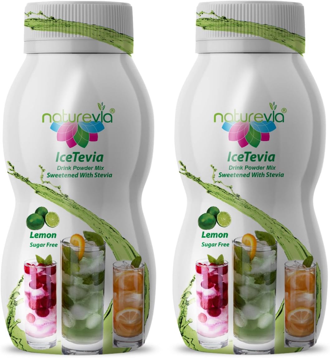 Sugar-Free Iced Tea Powder (10.5 oz, Pack of 2) - IceTevia Drink Powder Mix Sweetened with Stevia, Natural Prebiotic Fiber, Low-Calorie, Free of: Sugar, Gluten, Aspartame; Lemon Flavor
