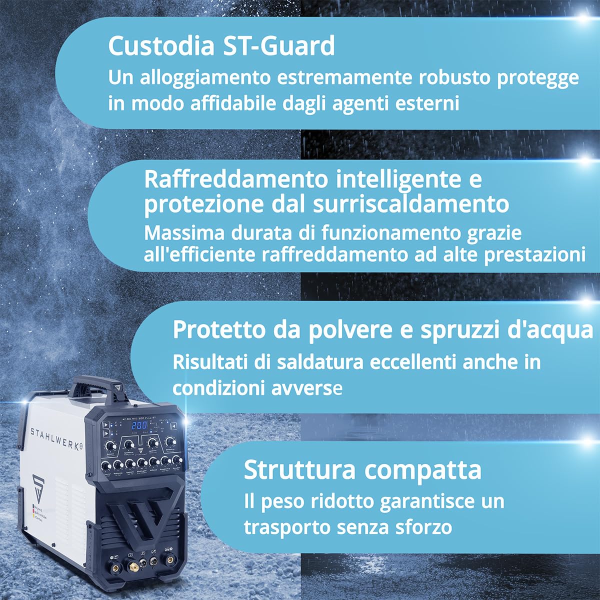 STAHLWERK Saldatrice AC/DC TIG 200 Puls ST – Inverter IGBT con modalità AC, MMA (elettrodo) fino a 200 A, innesco HF, funzione Pulse, 2T & 4T, Hotstart, per alluminio & lamiere sottili