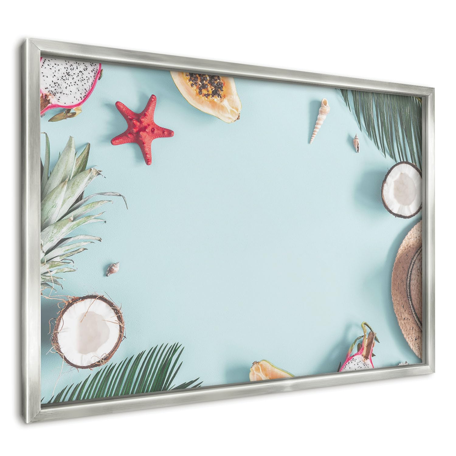 Panel Magnético 60x40 cm | Marco Plateado | Vacaciones Tropicales | Montaje Fácil | Pizarra de Pared | Para Restaurante y Bar | Expositor para Menú, Ofertas del Día
