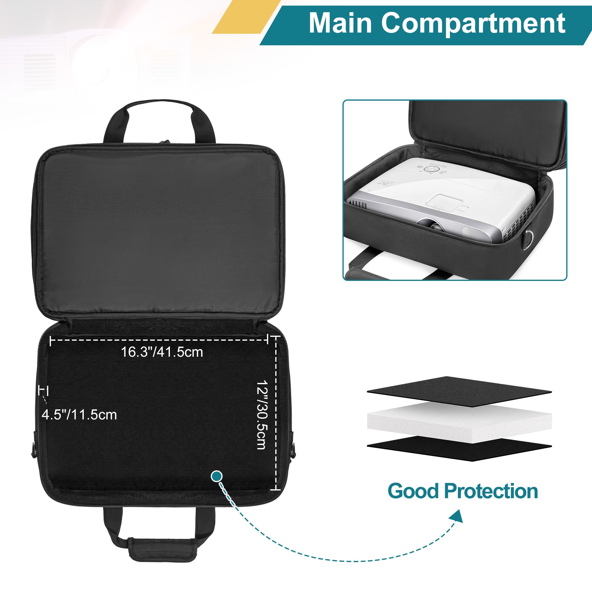 CURMIO Borsa Trasporto Proiettore con Scomparto per Laptop 15.6'', Custodia da Videoproiettore Compatibile con la Maggior Parte dei Proiettori Principali, Solo Borsa, Nero