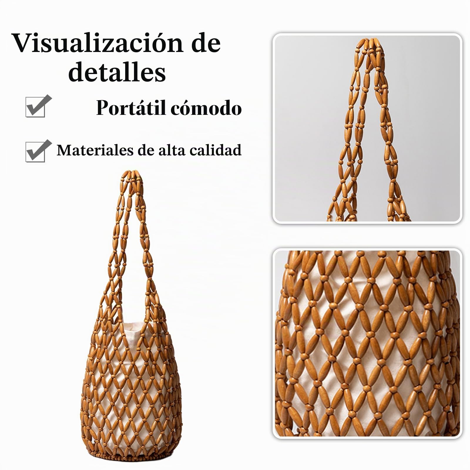 Tejidos a Mano para Mujer Madera Abalorios Bolsa de Cubo Tejido Bolsos de Playa Calado Bolso de Mano Bolso Tote para Estilo Boho Bolsos de Verano para Vacaciones Fiesta Citas Marrón