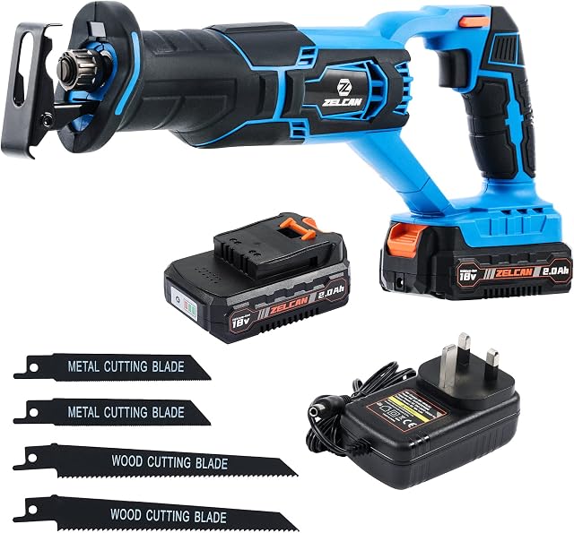 TERRADISE Cordless Reciprocating Saw Kit with 18V Electric Saw 2000mAh Battery Charger LED Light 4 Blades for Wood Metal PVC Cutting, Portable Wood Cutter Home and Garden