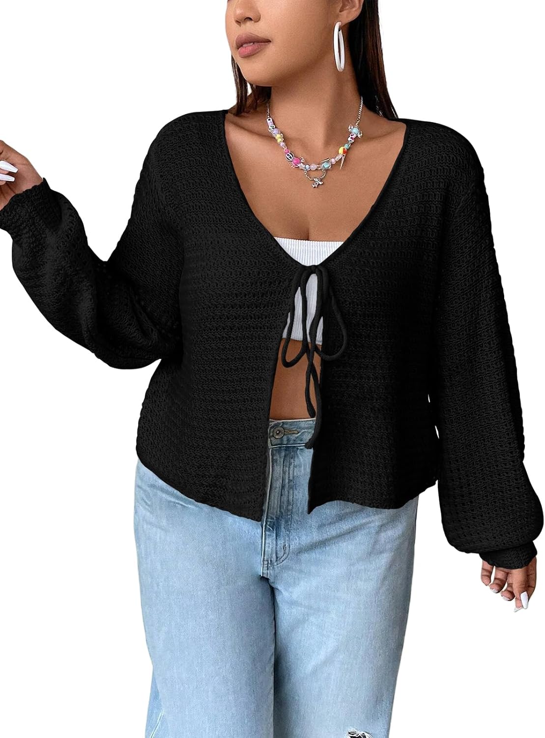 Women's Plus Size Cardigan Hollow Out Open Knit Sweater Ladies Front Tie Shrug, L-4XL