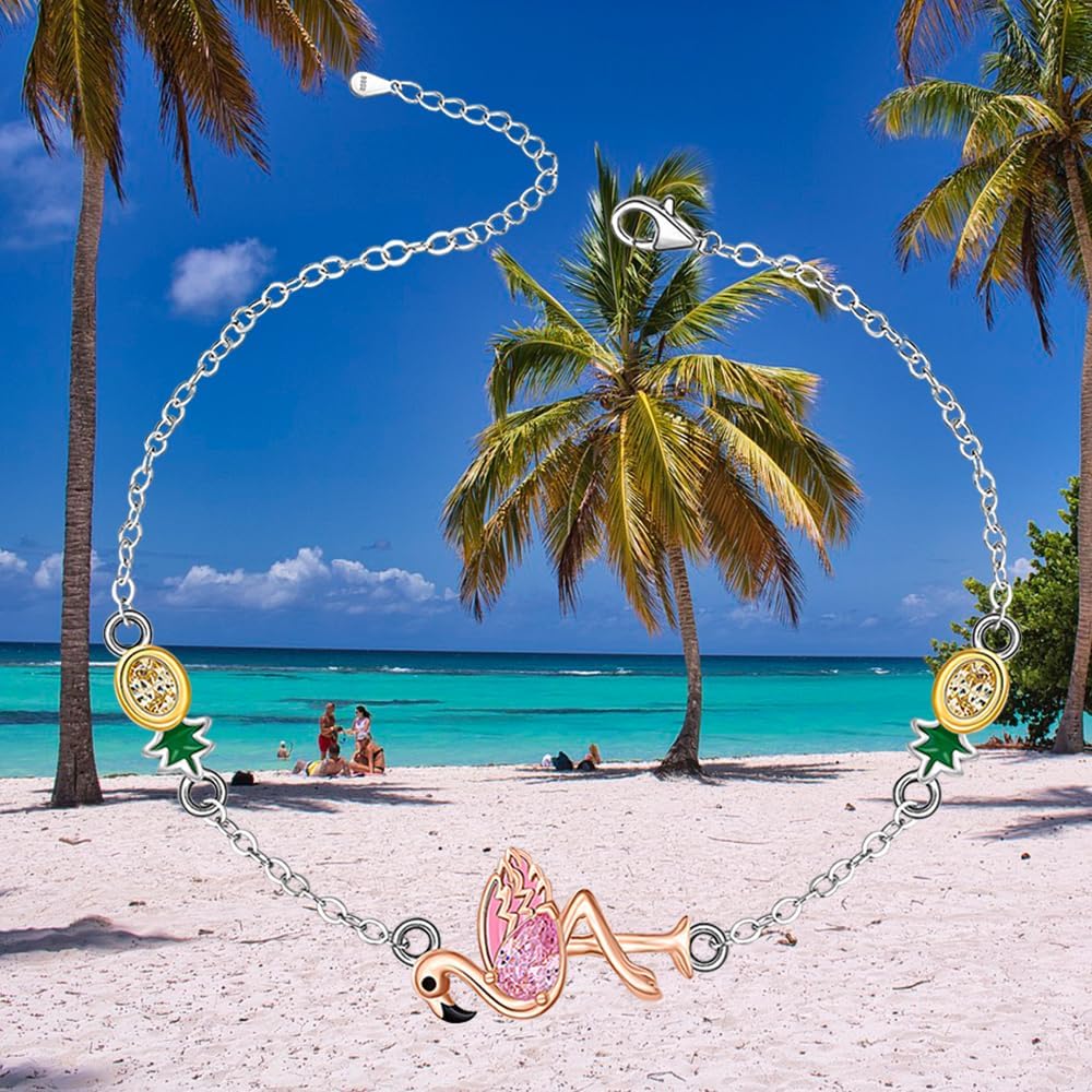 Flamingo Anklet Pineapple Flamingo Ankle Bracelets for Women 925 Sterling Silver Summer Beach Cute Pink Bird Anklets Hawaiian Jewelry Birthday Mothers Day Christmas Gifts