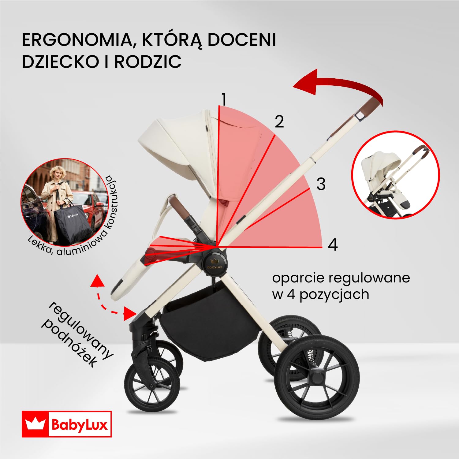 BabyLux Wielofunkcyjny Wózek Dziecięcy 3w1 BOLDO Lekki i Kompaktowy | Gondola, Spacerówka, Fotelik Samochodowy, Składana Aluminiowa Konstrukcja Stelaża, Regulowane oparcie, Akcesoria