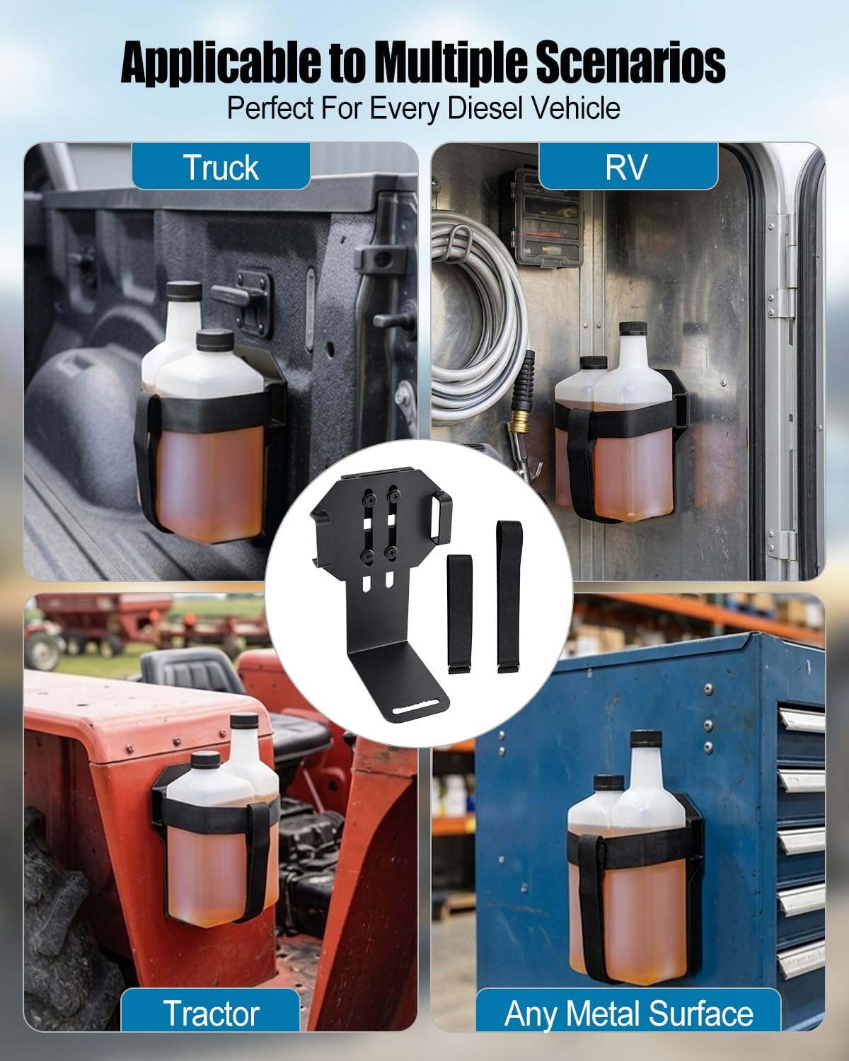 Magnetic Diesel Additive Bottle Holder with Adjustable Dual Cross Straps
