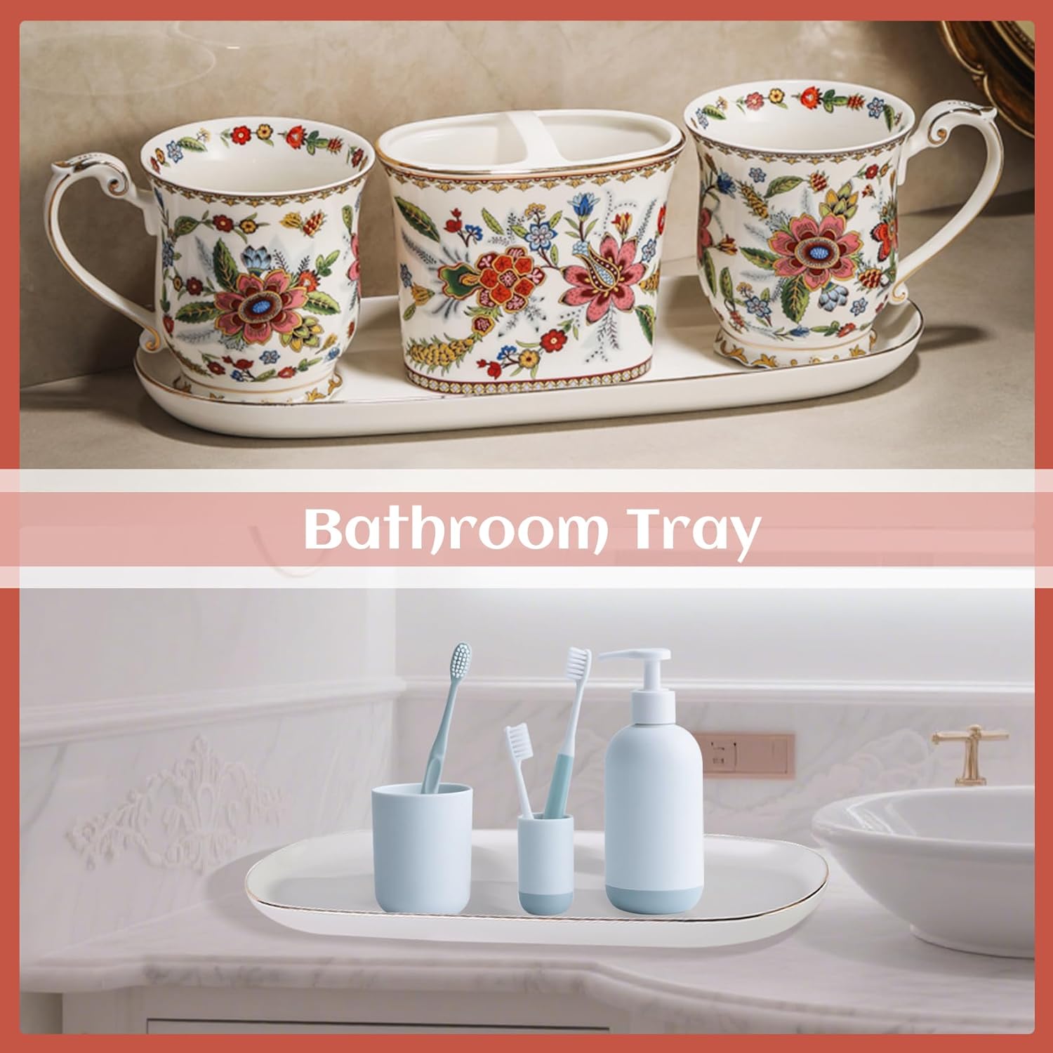 ACMLIFE Bathroom Accessory Sets，Ceramic Bathroom Accessory Set, 4-Pieces, Includes Toothbrush Holder, Toothbrush Cups, Tray Dish Gift for Home,Modern Elegant Design, Spa Gift Idea (Pink, Large 4 Pcs)