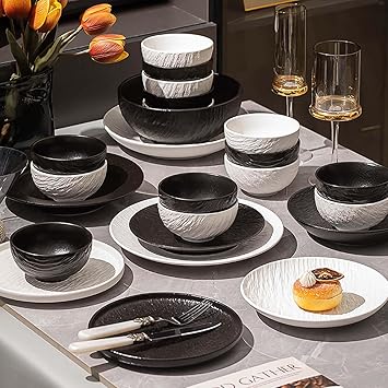 Elegant Black and White Minimalist Matte Ceramic Dinnerware Set, Includes Plates, Bowls, Perfect for Home Dining, Modern Tableware for Everyday Use or Gifting, Ideal for Housewarming