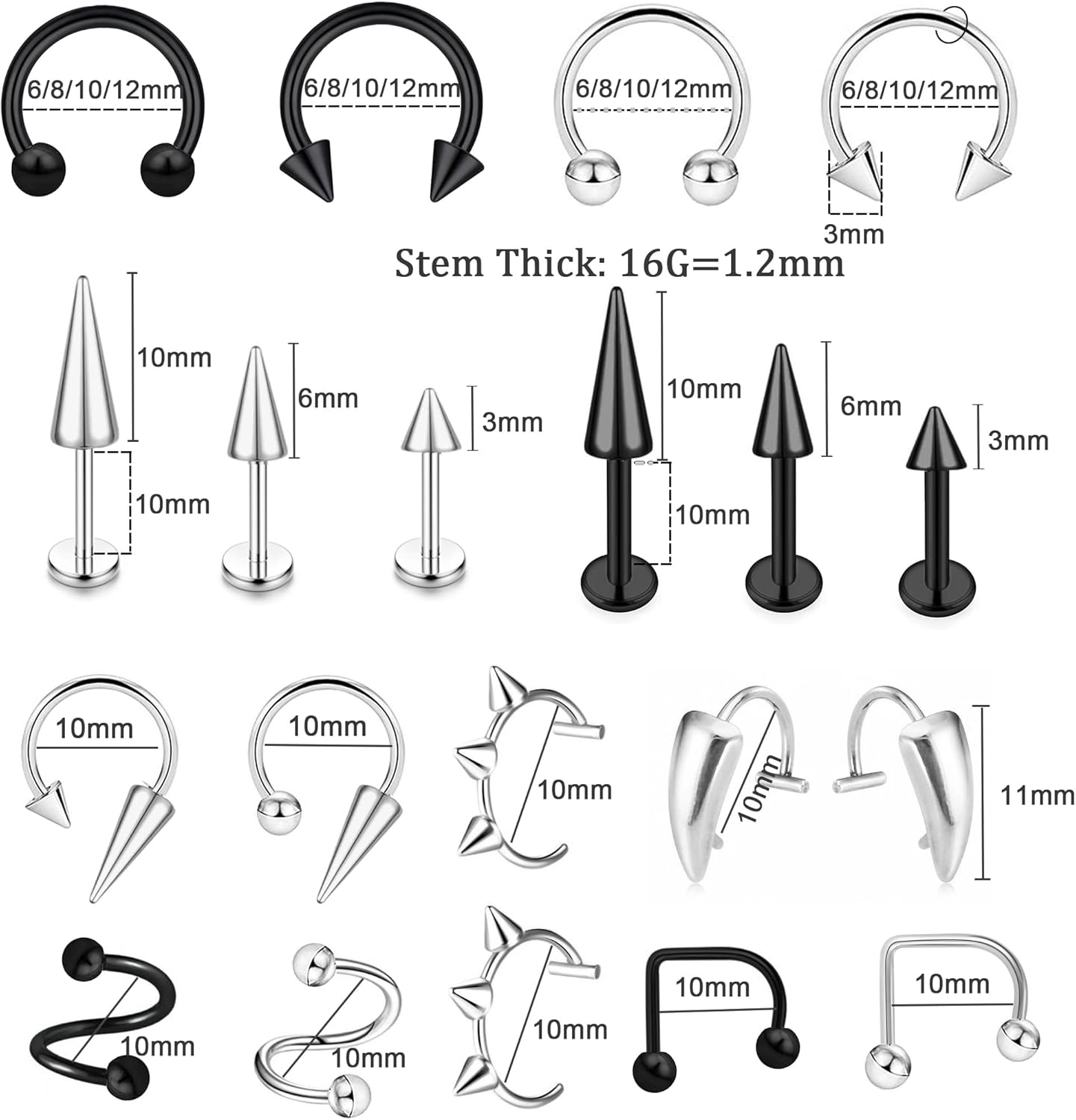 36Pcs 16G Lip Rings Stainless Steel Snake Bite Piercing Labret Jewelry Medusa Spiral Barbell Helix Tragus Earrings Hoop Horseshoe Septum Nose Cartilage Piercings - Image 3