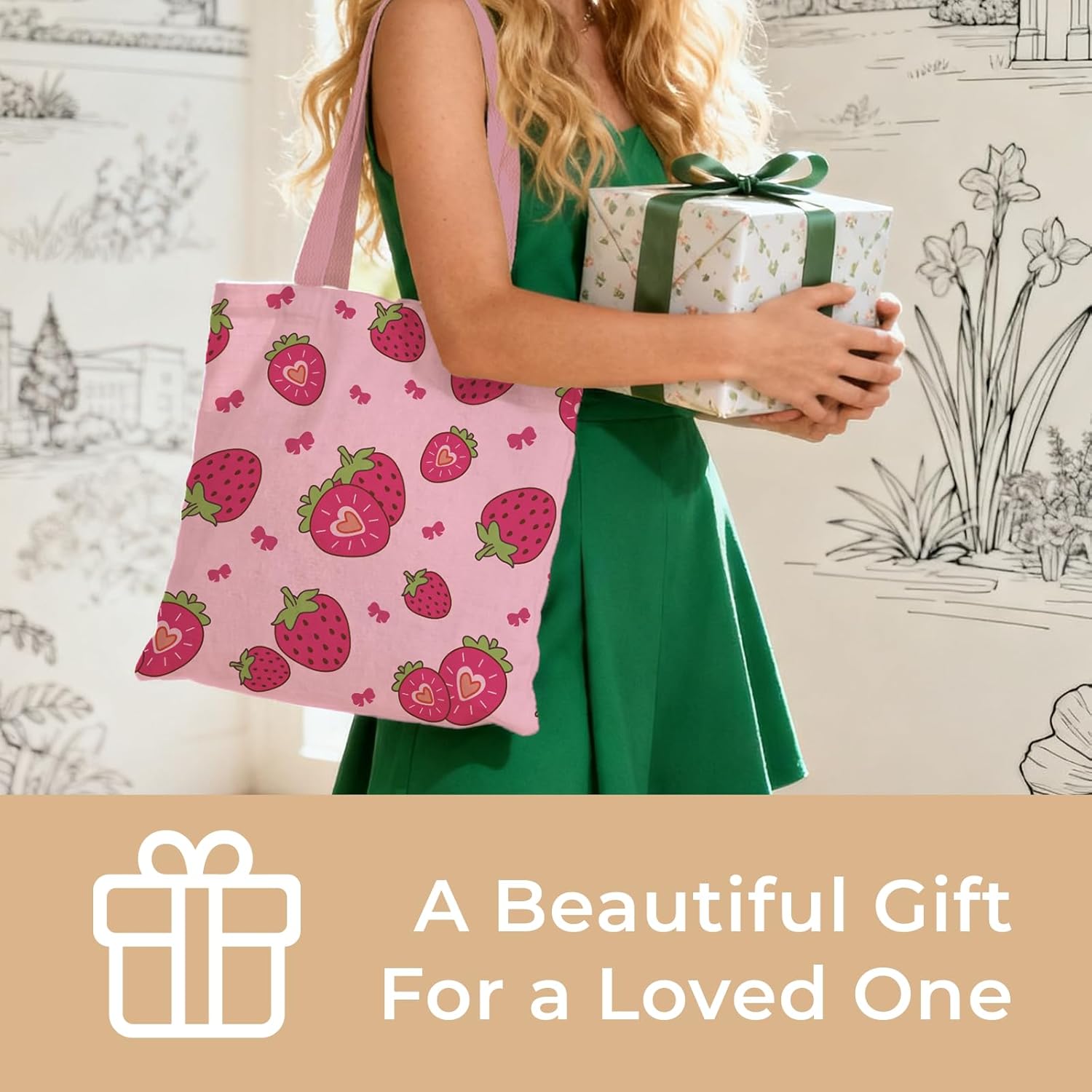 Cute Aesthetic Canvas Tote Bag for Women, Reusable Foldable Shopping Cotton Shoulder Totebag with Zipper Pocket - Image 7