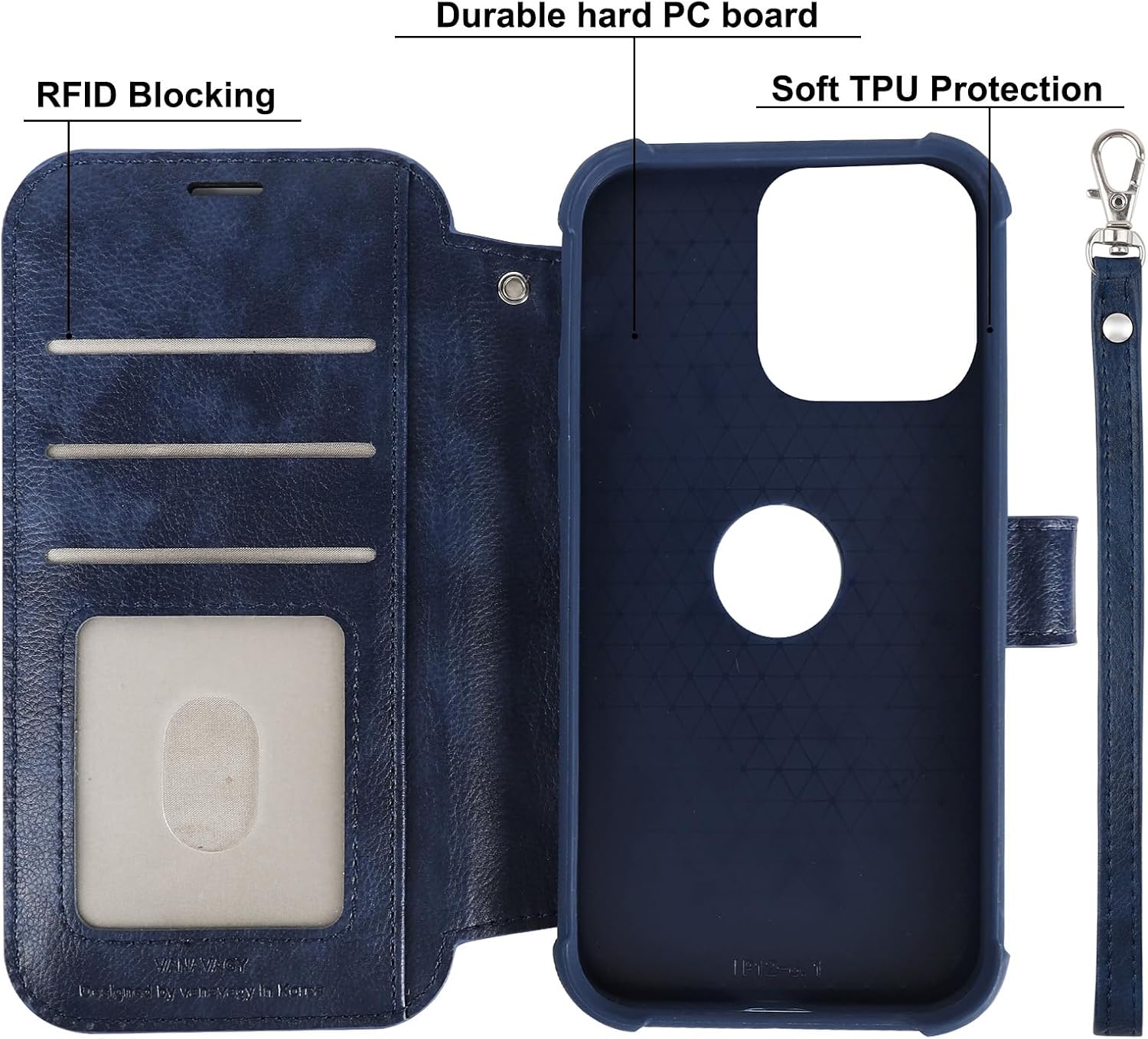 VANAVAGY Compatible for iPhone 13 Pro Max Wallet Case for Magsafe Wireless Charging, PU Leather Flip Folio Phone Case with Wrist Strap RFID Blocking Card Holder Screen Protector,Navy Blue
