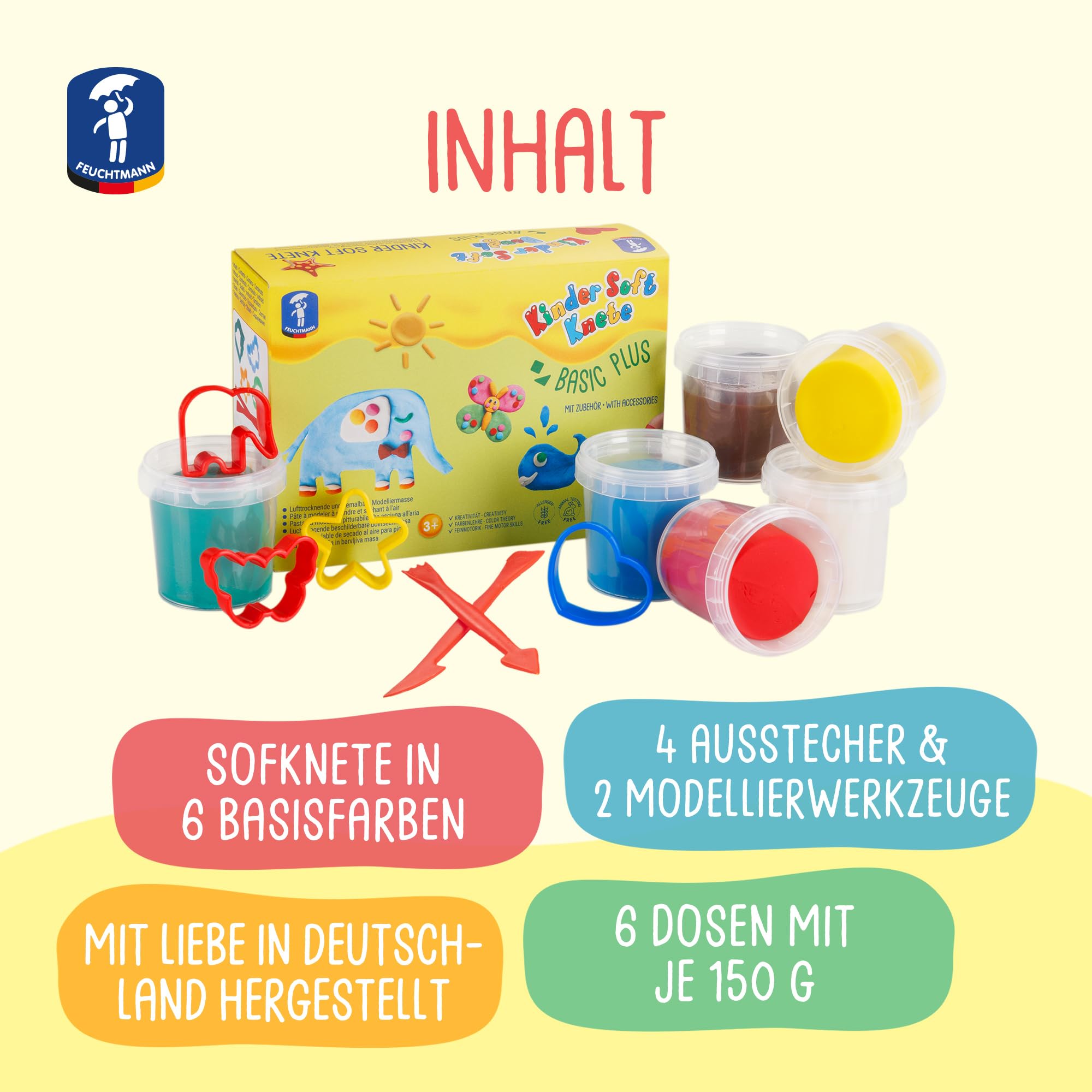 Feuchtmann Kids Soft Knete Basic Plus – 6 x 150 g miękka plastelina dla dzieci z akcesoriami, nietoksyczna, wegańska i bezglutenowa, susząca na powietrzu masa plastelinowa w zestawie do kreatywnej