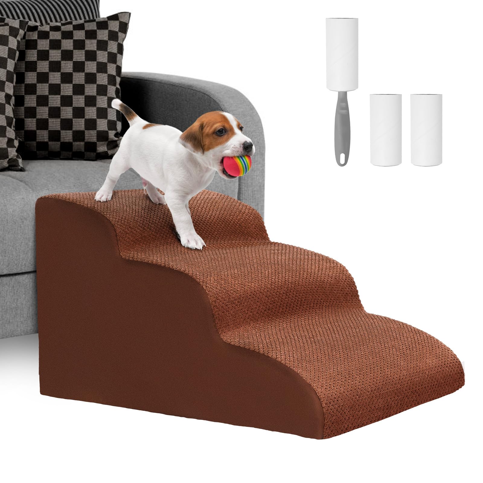 Lannvan Escalera para Perros, Escaleras para Mascotas de Espuma de 3 Escalones, Rampa para Perros Pequeños y Gatos con Funda Lavable, para Sofá o Cama, Enviar Rodillo de Pelusa, Marrón